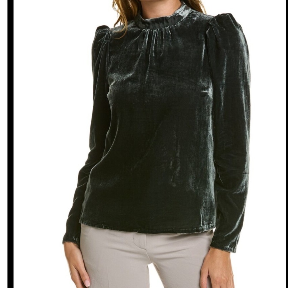 Boden Dark Green Velvet Puff Shoulder Mock Neck Blouse Top US 12 UK 16
